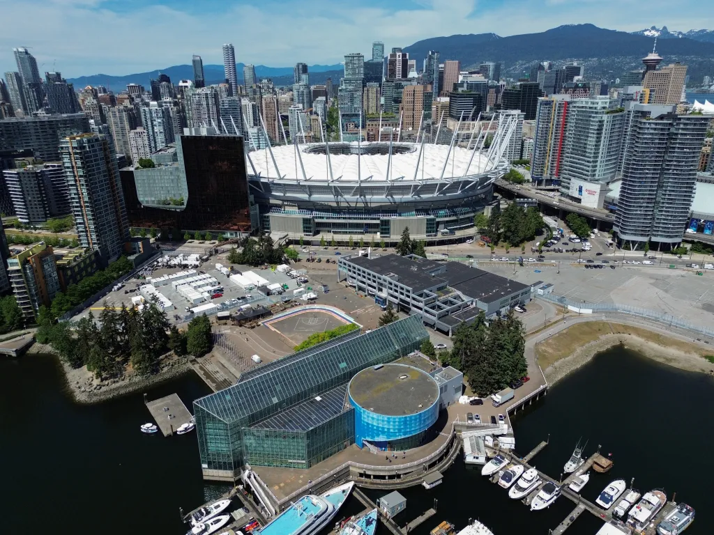 Drone view of BC Place stadium in Vancouver.