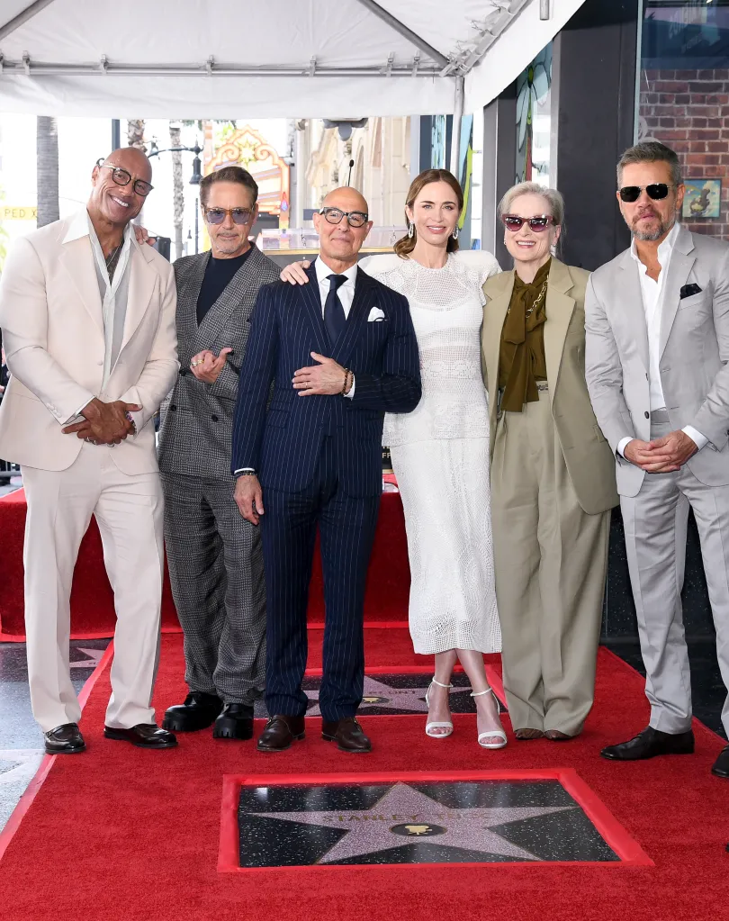 Dwayne Johnson, Robert Downey Jr., Stanley Tucci, Emily Blunt, Meryl Streep, and Matt Damon attend a Hollywood Walk of Fame Star Ceremony.