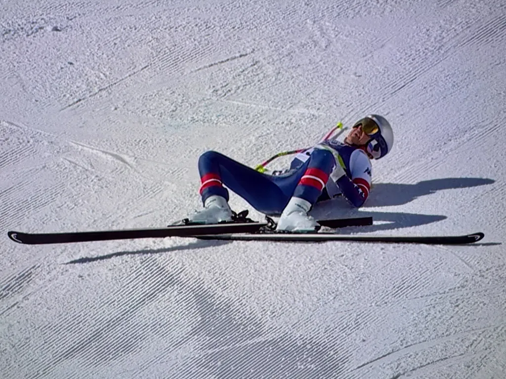 Lindsey Vonn of Team United States crashes during the Women's Downhill event at the Milano Cortina 2026 Winter Olympics.
