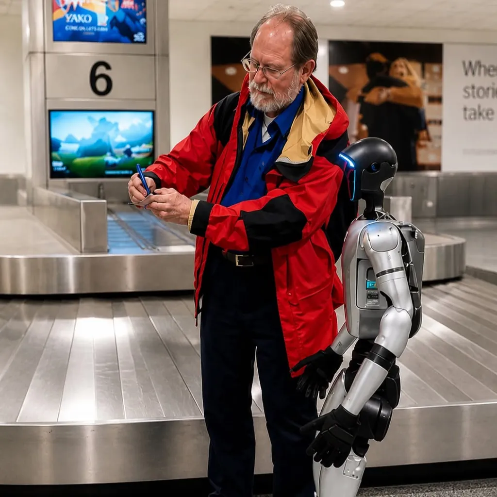 Man signing a document while a humanoid robot stands next to him at a baggage claim.