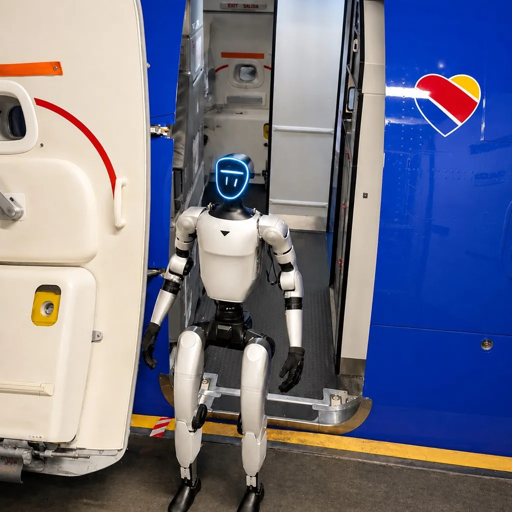 A white and silver humanoid robot with a blue glowing face stands in the doorway of a Southwest Airlines plane.