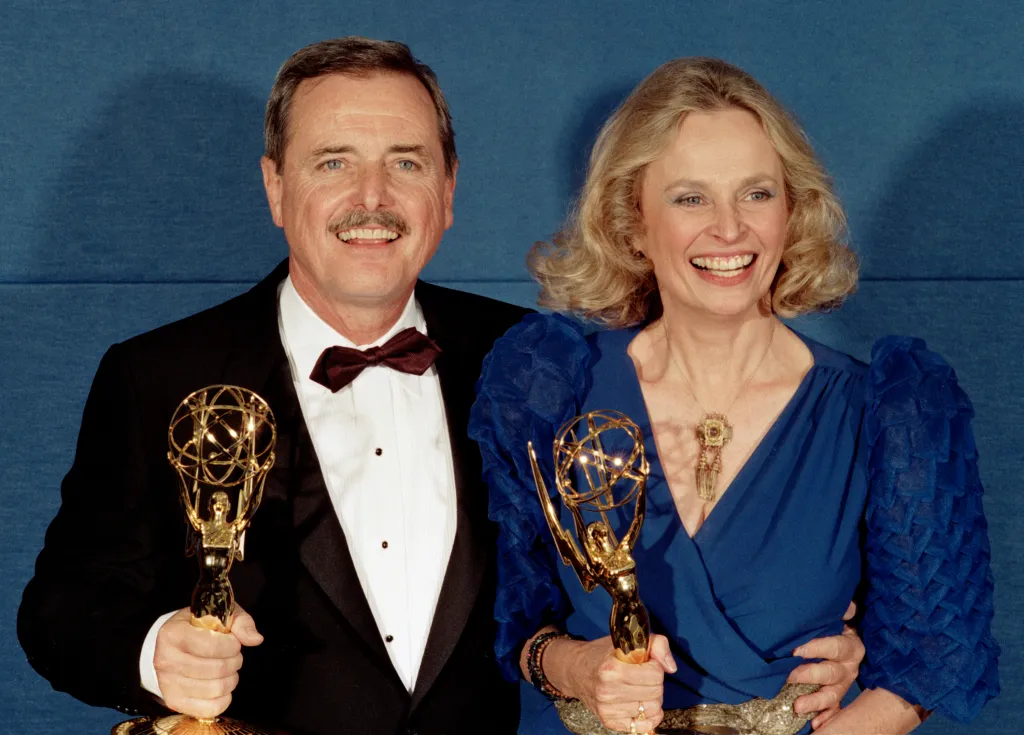 William Daniels and Bonnie Bartlett with their Emmy Awards backstage.