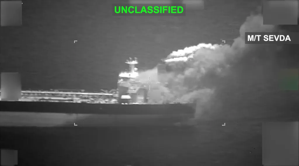 Infrared image of the oil tanker M/T Sevda with smoke billowing from its smokestack.