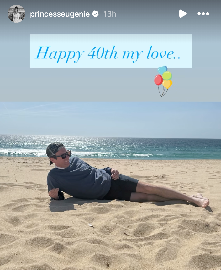 Princess Eugenie's Instagram post wishing her husband a happy 40th birthday, with a photo of him lying on a beach.