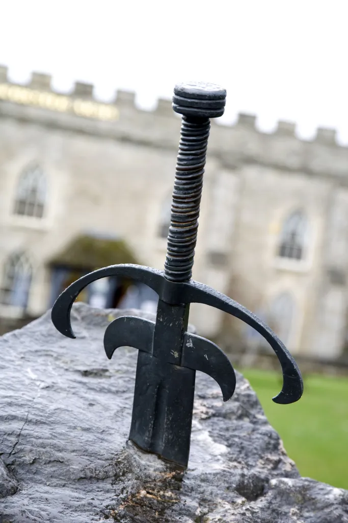 Excalibur sword in stone near Taunton Castle, Somerset, Britain.