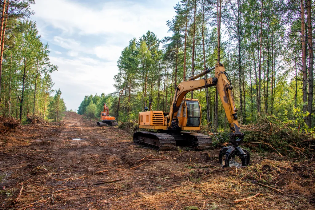 Two excavators with grapple attachments clearing a forest for new development.