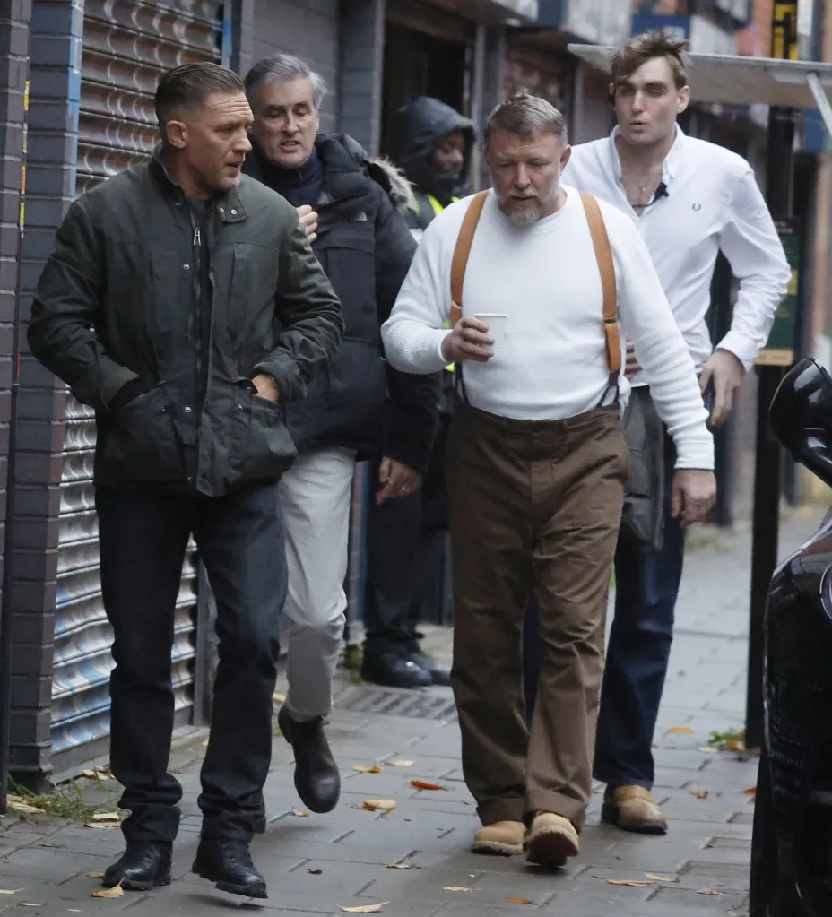 Tom Hardy filming scenes for MobLand Season Two.