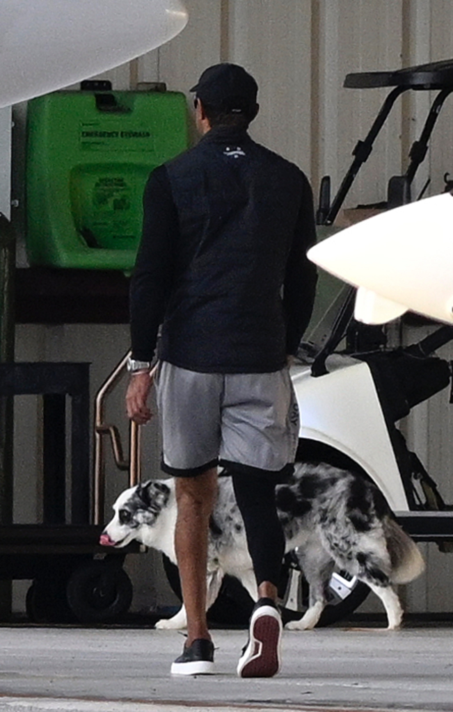 Golfer Tiger Woods, seen from behind, walks with a dog.