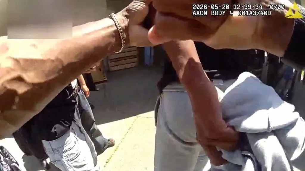A first-person view from a body camera shows a person's arms holding an object.