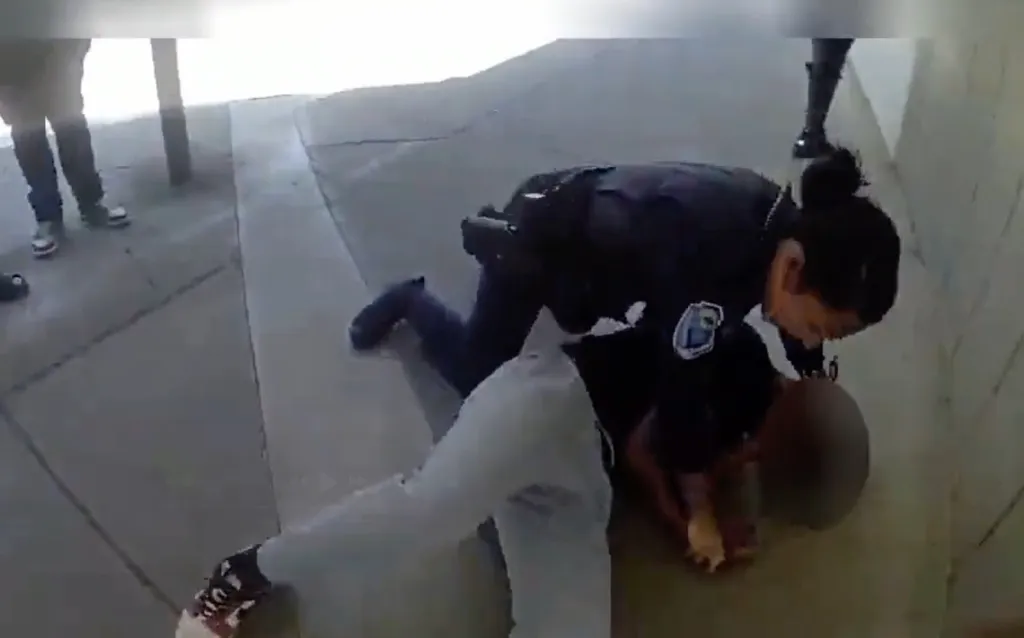 A police officer kneeling on the ground next to a student who is also on the ground, during a fight at a high school.