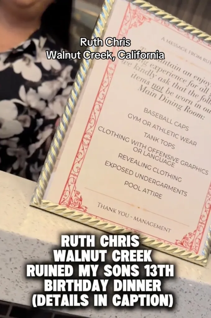 A sign at Ruth Chris in Walnut Creek, California lists dress code items not allowed in the main dining room.