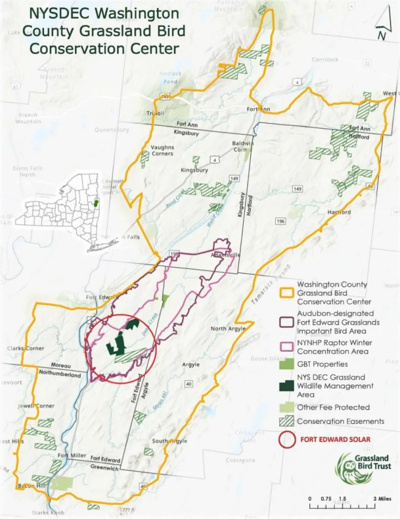 Map showing the general location of the proposed Fort Edward Solar facility in relation to the boundaries of the grassland bird landscapes of conservation concern.