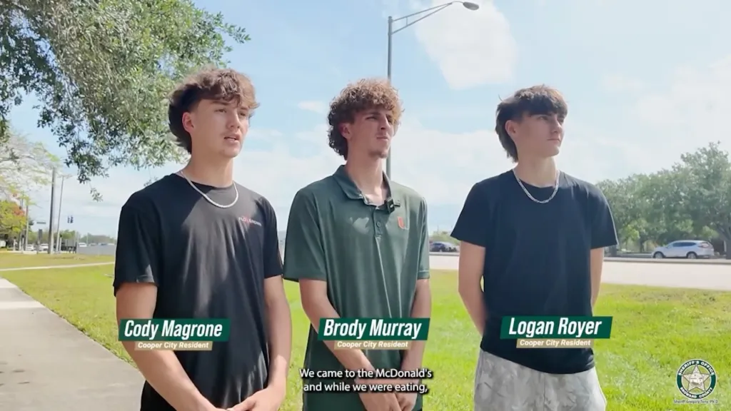 Three teens, Cody Magrone, Brody Murray, and Logan Royer, stand outside, sharing their story.
