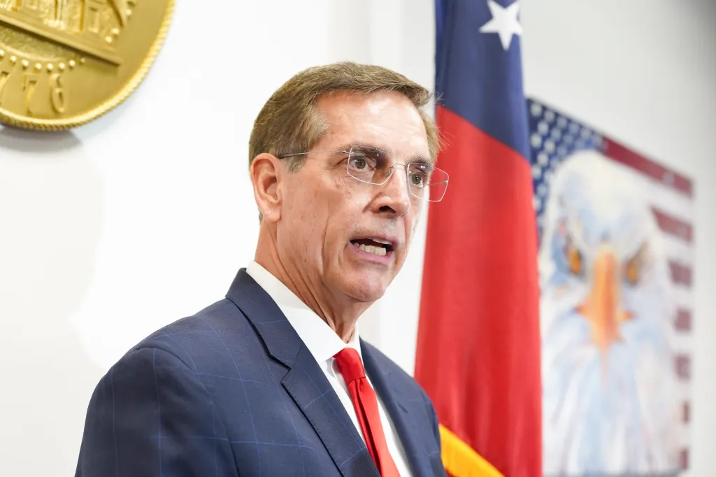 Brad Raffensperger, former Georgia secretary of state and gubernatorial candidate, speaks to reporters.