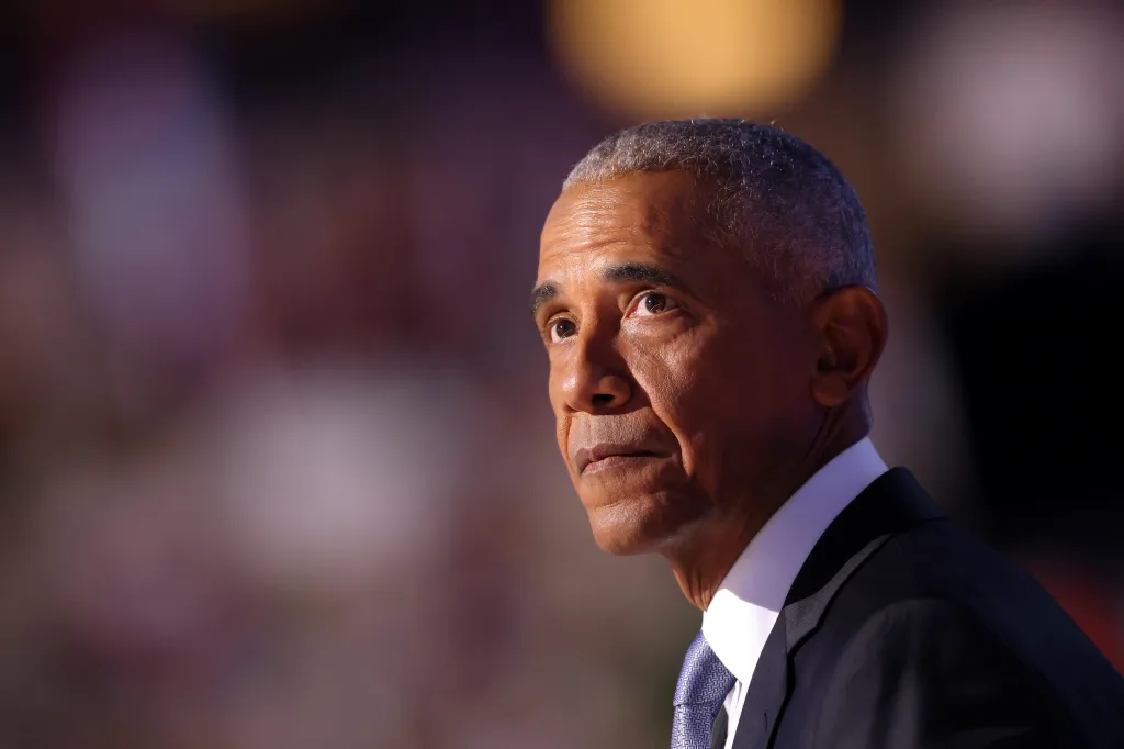 Former US President Barack Obama speaking at the Democratic National Convention.