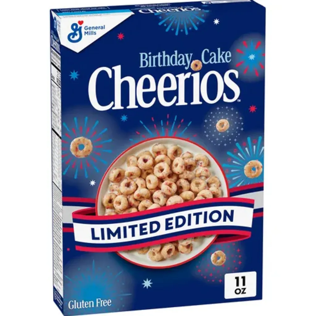 A box of General Mills Birthday Cake Cheerios cereal.