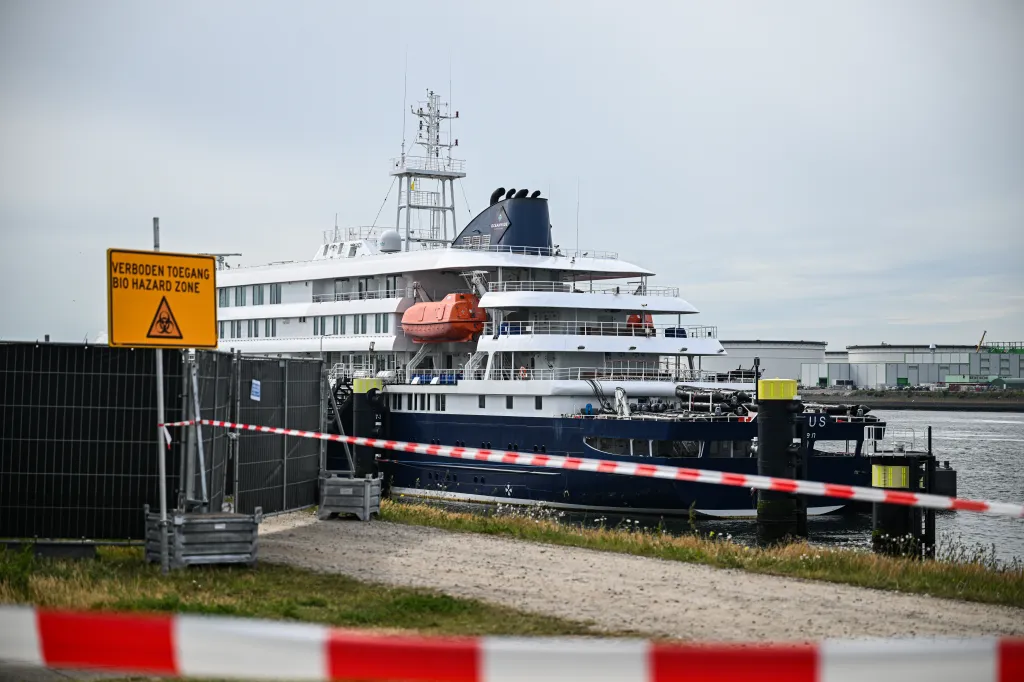 MV Hondius docked at the Port of Rotterdam with a 