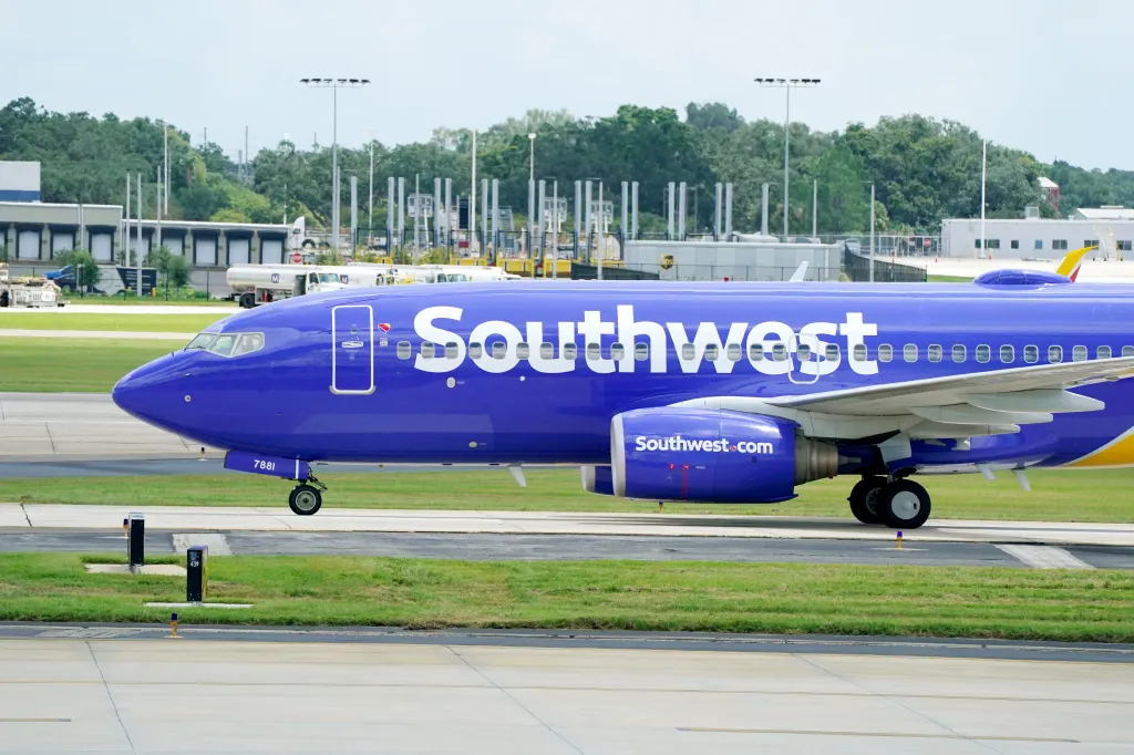A blue Southwest Airlines Boeing 737 airplane at Tampa International Airport.