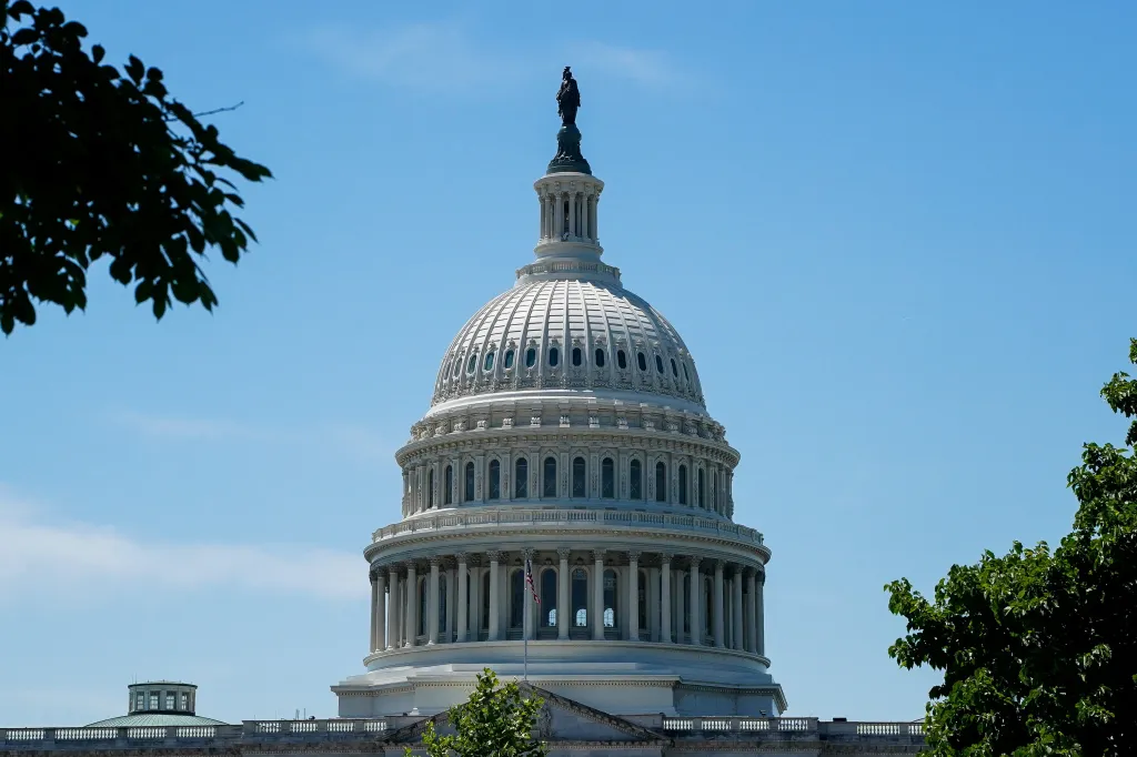 The dome of the U.S. Capitol building with the Statue of Freedom on top, against a clear blue sky, partially framed by green trees.
