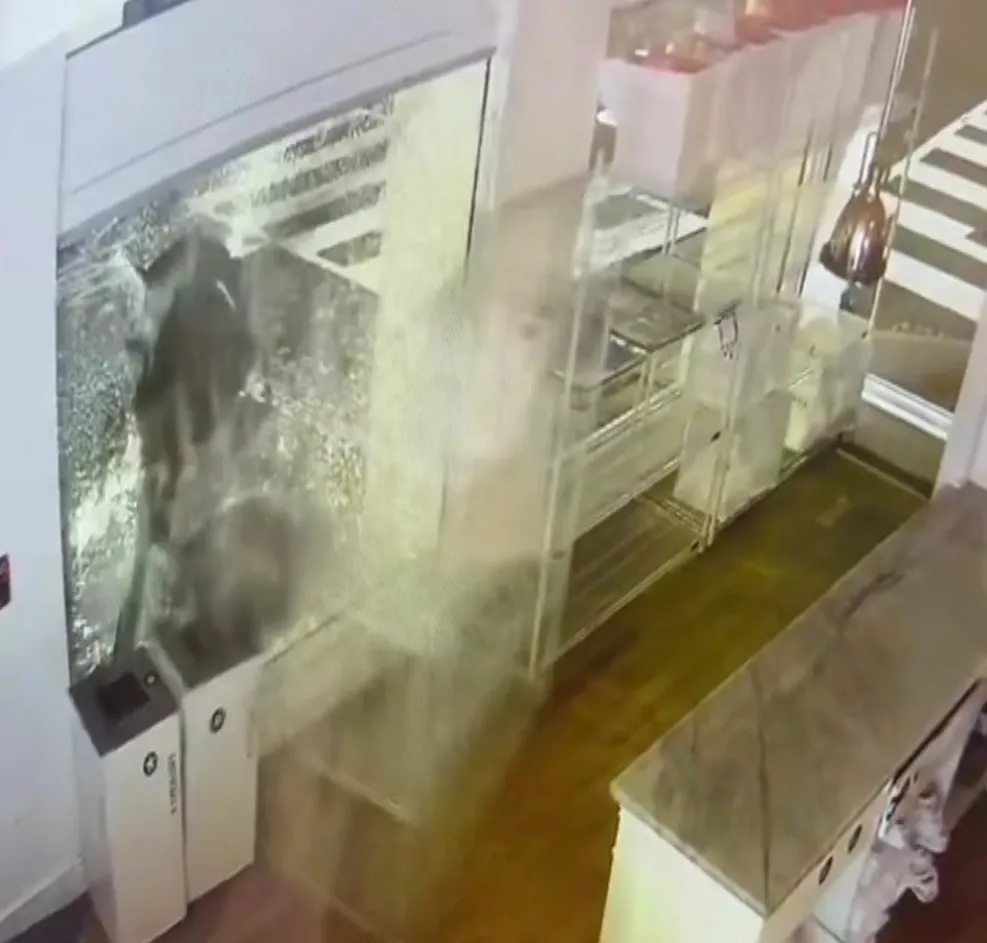 Security camera footage shows a beer keg being thrown through the front window of Georgetown Cupcake.