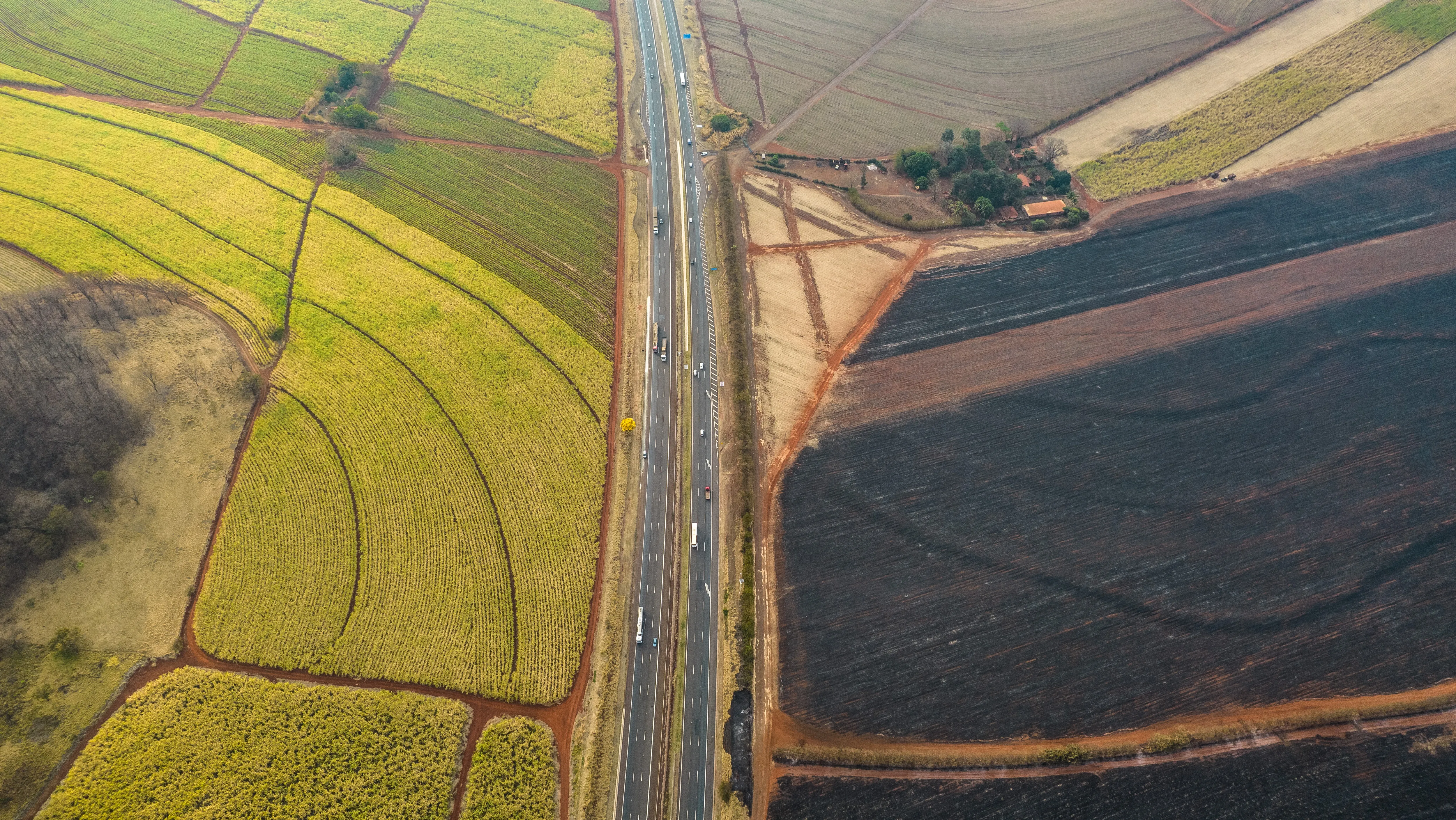 aerial view of green fields to the left of a road and burned ones to the right