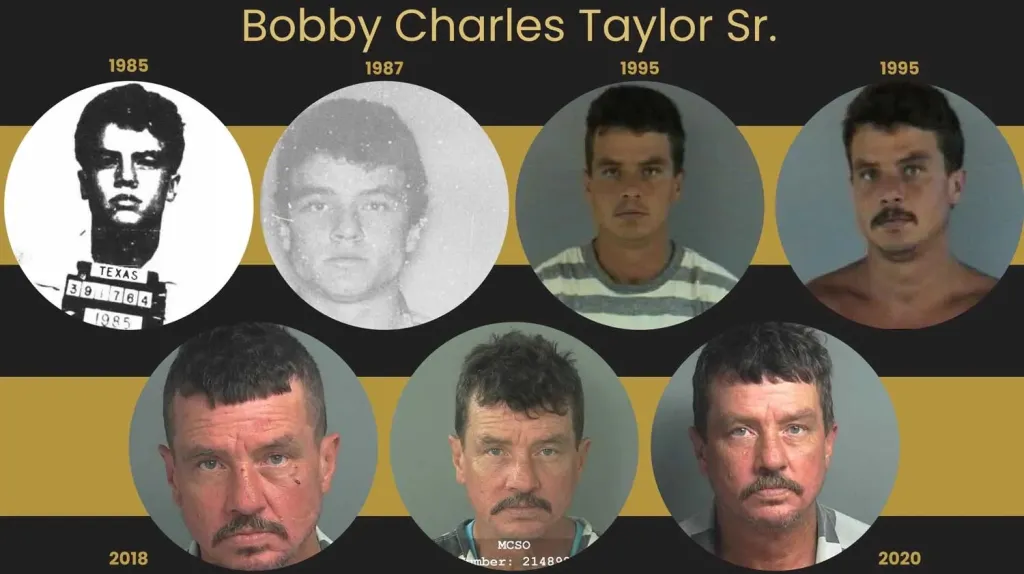 Collage of six mugshots of Bobby Charles Taylor Sr. from 1985, 1987, 1995 (two images), 2018, and 2020, showing his aging process.