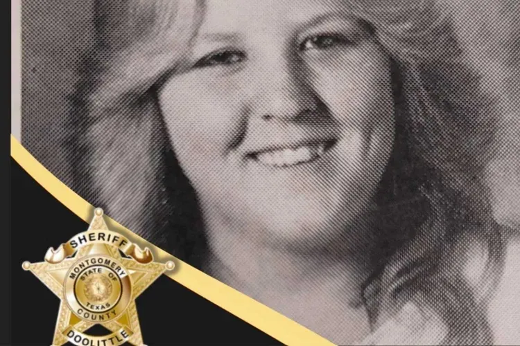 Black and white photo of a smiling Deanna Ogg overlaid with a gold Montgomery County Sheriff badge.