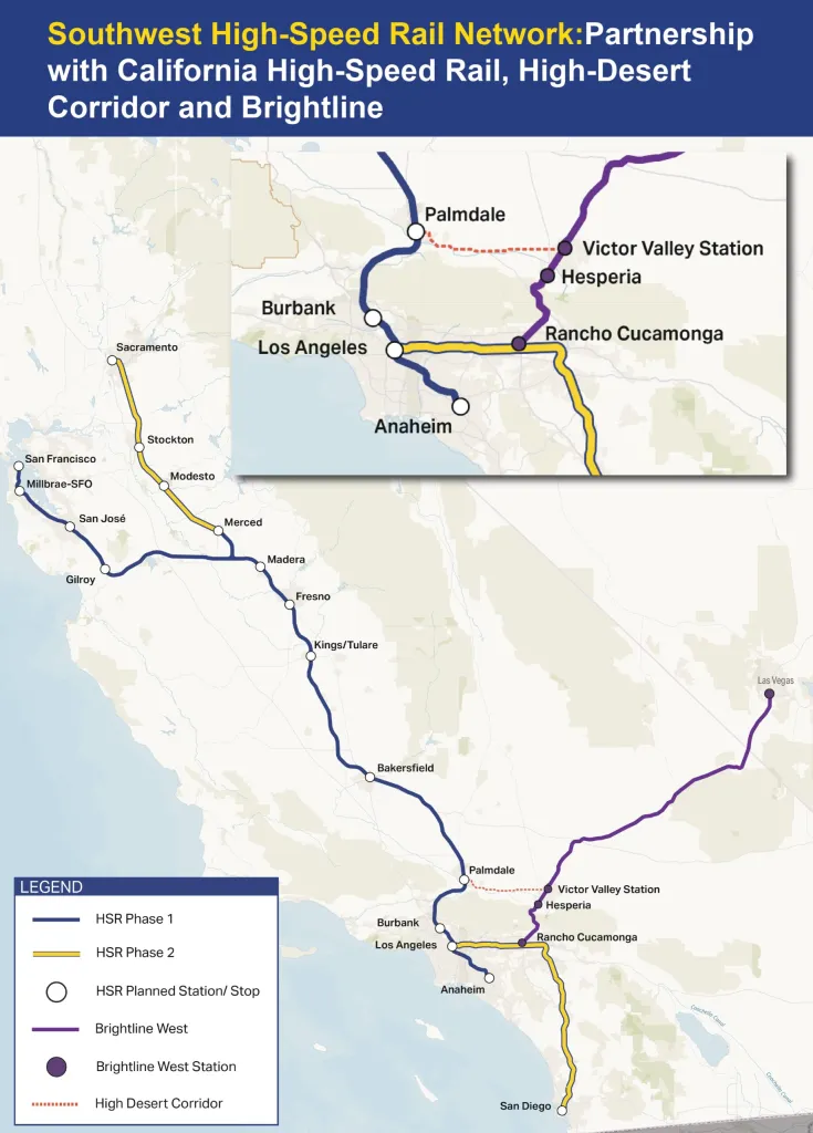 Map of the California High-Speed Rail network showing phases 1 and 2, planned stations, Brightline West, and the High Desert Corridor.