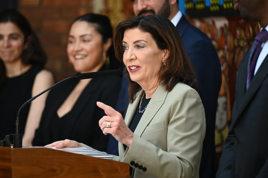 Governor Kathy Hochul at a press conference on child care.