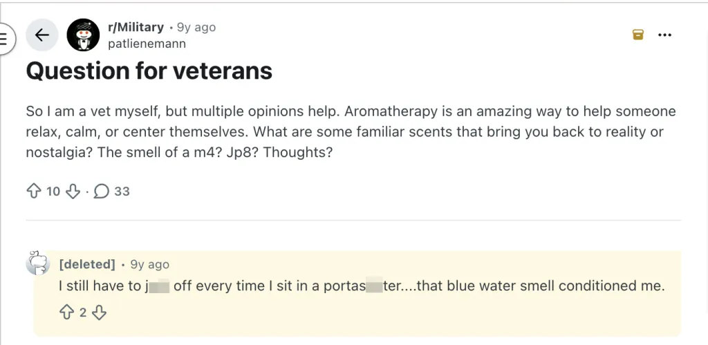 Reddit post in r/Military about scents that bring veterans back to reality or nostalgia, with a comment mentioning the smell of a porta-potty.
