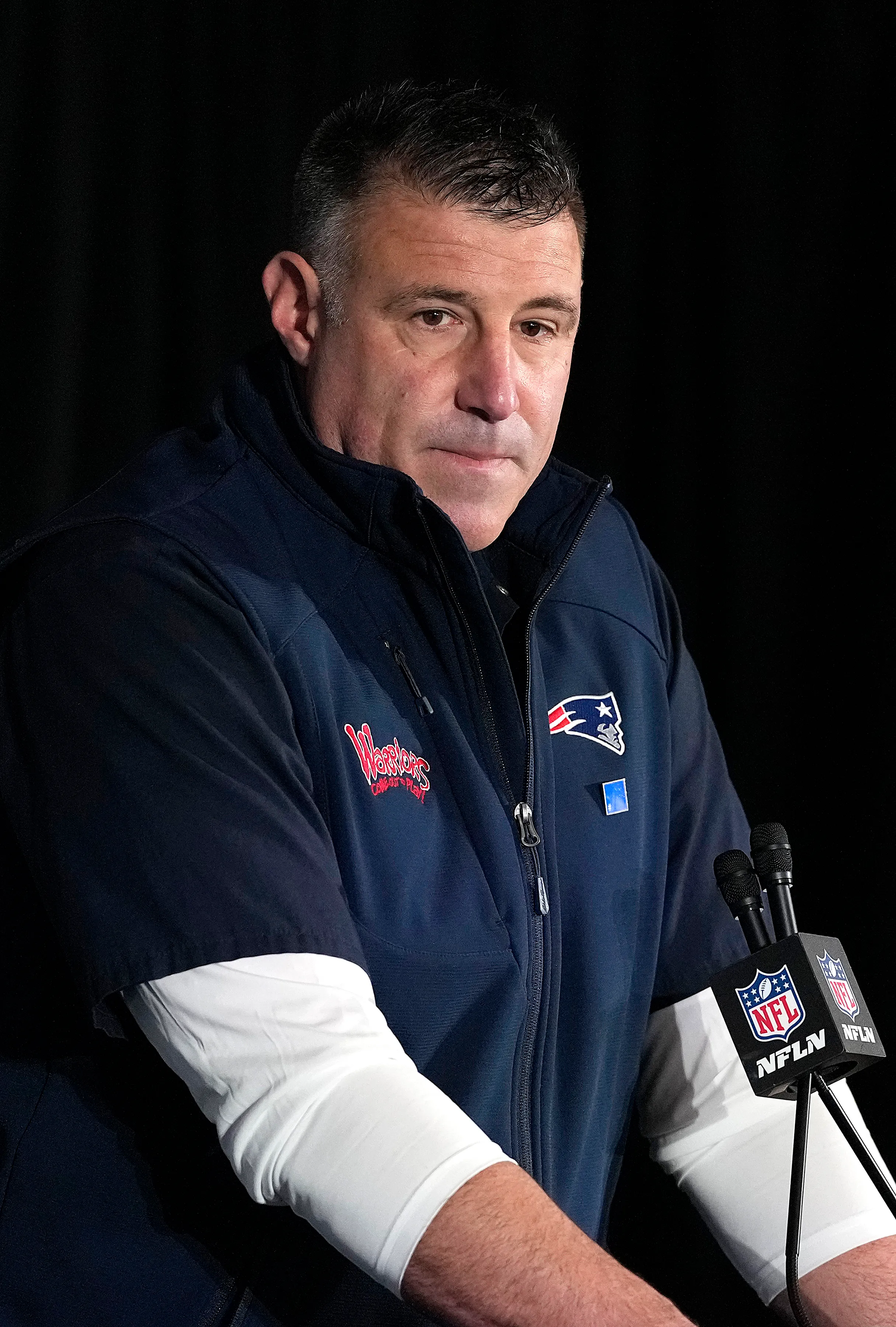 New England Patriots Head Coach Mike Vrabel at a press conference.