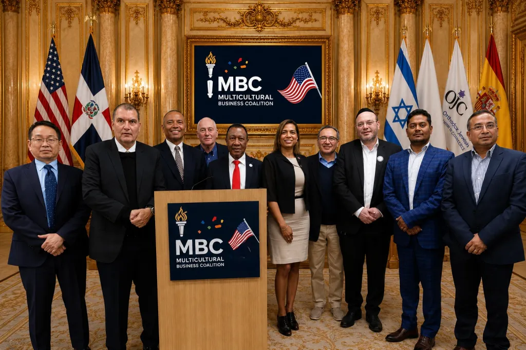 A group of diverse leaders, including Senate Majority Leader Andrea Stewart-Cousins and Congressman George Latimer, standing with the MBC Multicultural Business Coalition logo.