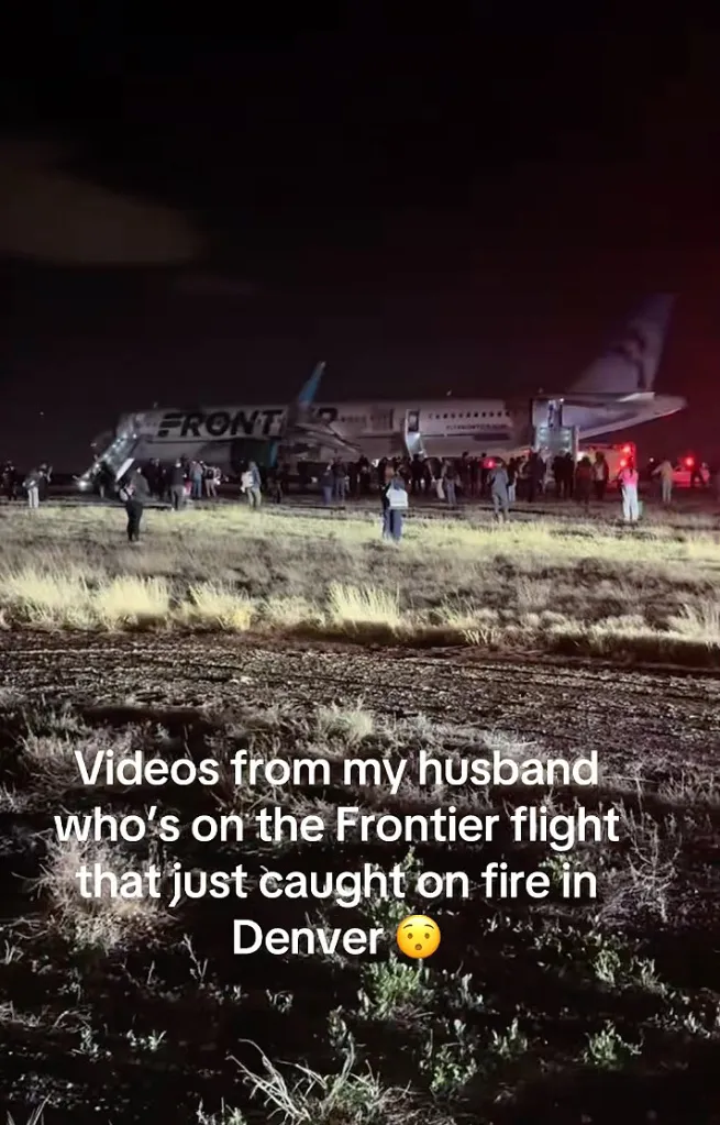 Passengers evacuating a Frontier Airlines flight at night, with the aircraft on an airfield and text about a fire.