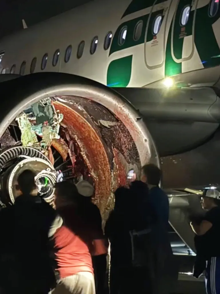 People gather around a damaged airplane engine with bloodstains, suggesting a collision.