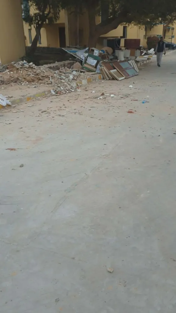 Debris and construction materials on the ground outside the Eagles Downtown Zahabia resort and aqua park in Hurghada.