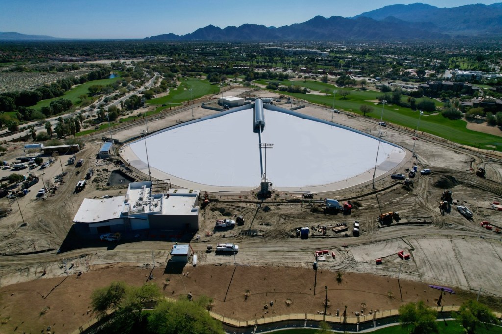 Aerial view of the DSRT Surf wave park under construction in Palm Desert, California.