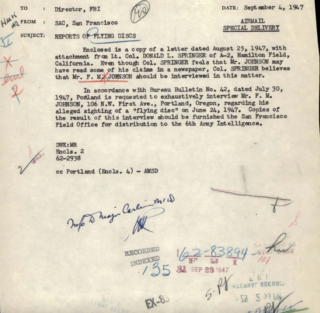 A declassified 1947 FBI document marked 