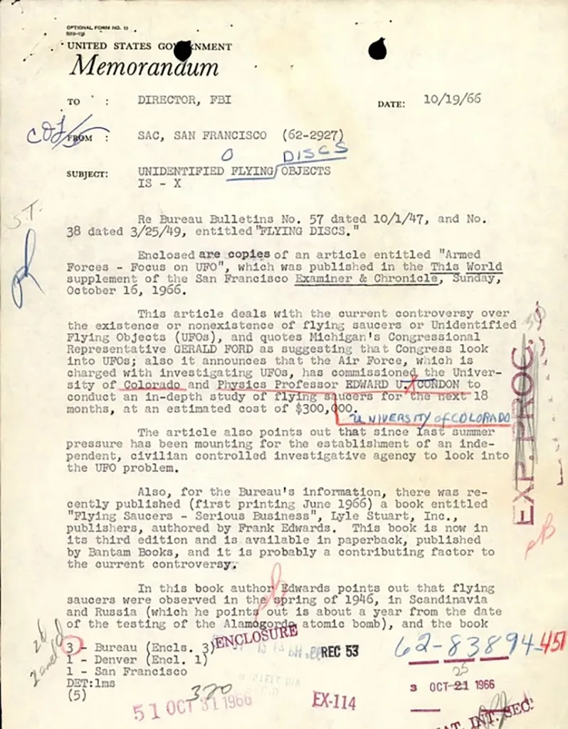 A declassified 1966 FBI memo discusses UFOs, Congress's interest, a University of Colorado study, and published books on flying saucers.