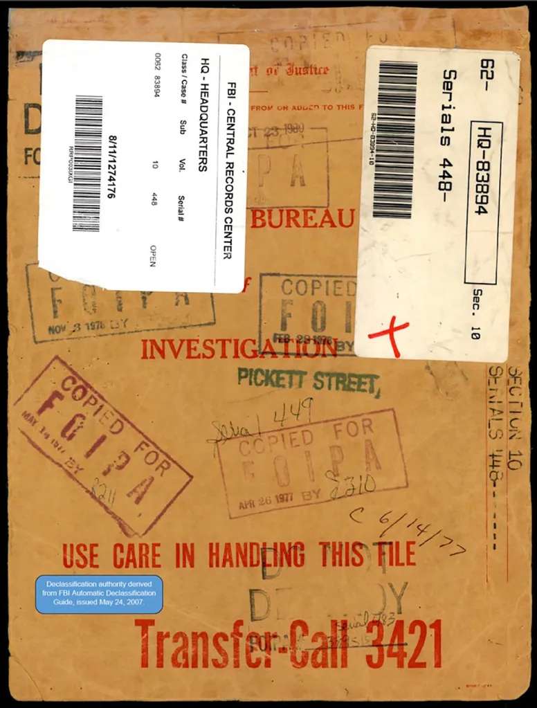 Scanned brown folder from the FBI Central Records Center, marked 