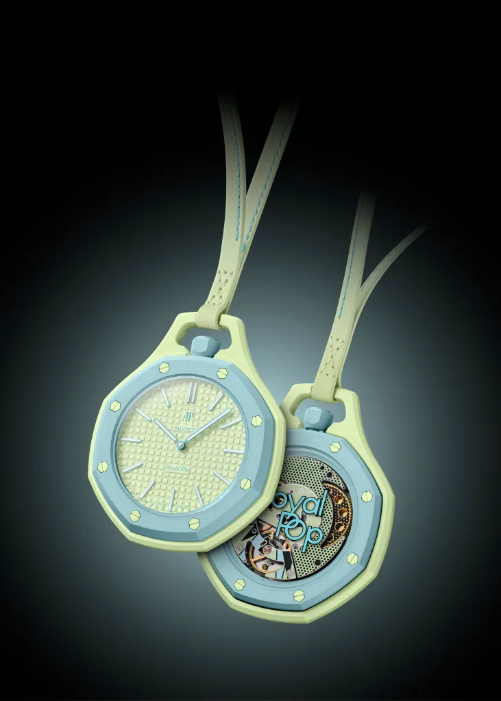 Illustration of two pocket watches by Audemars Piguet and Swatch from their new collection.
