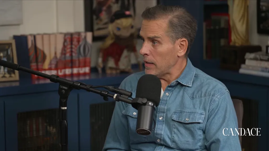 Hunter Biden speaking into a microphone during an interview with Candace Owens.