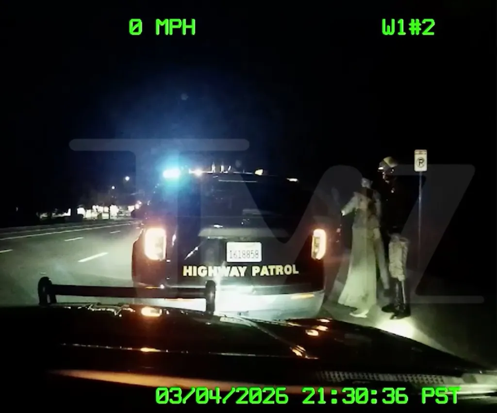 Dashcam footage of Britney Spears in handcuffs next to a highway patrol car at night.