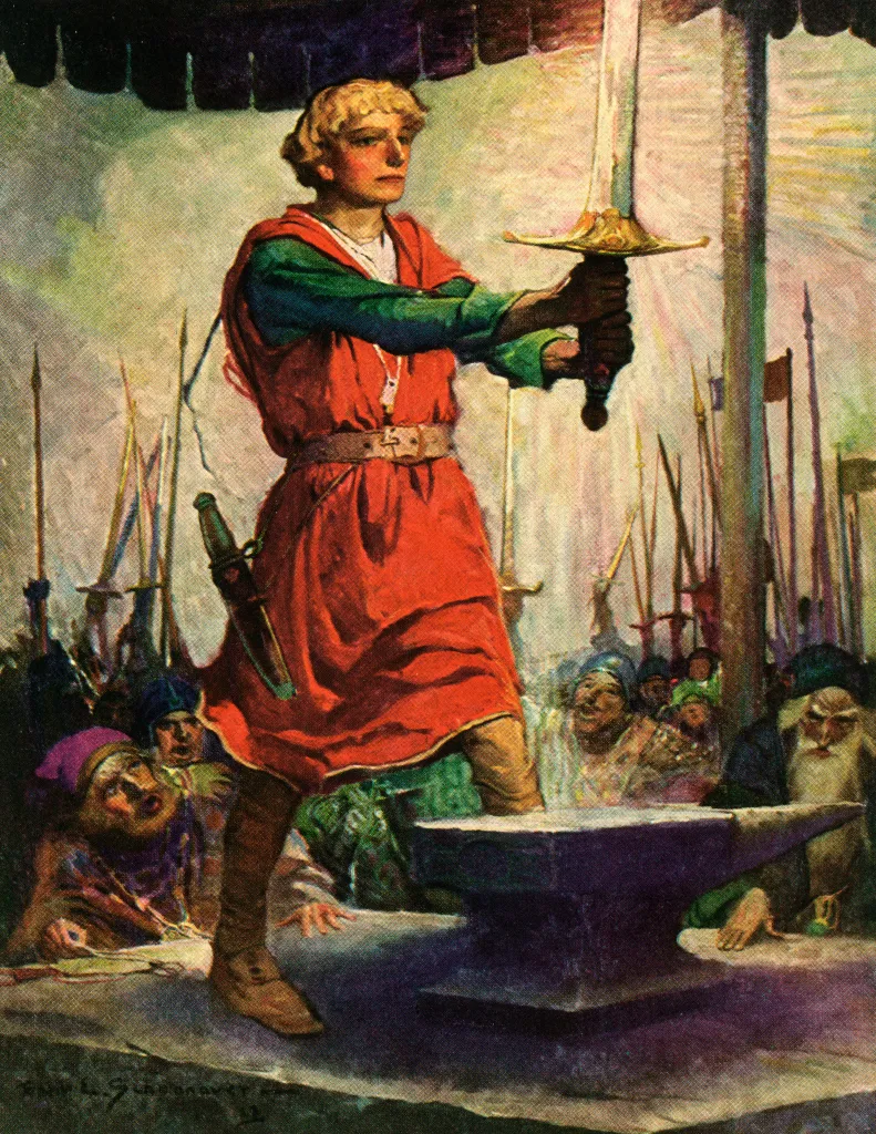 Illustration of a young Arthur pulling the sword Excalibur from an anvil.