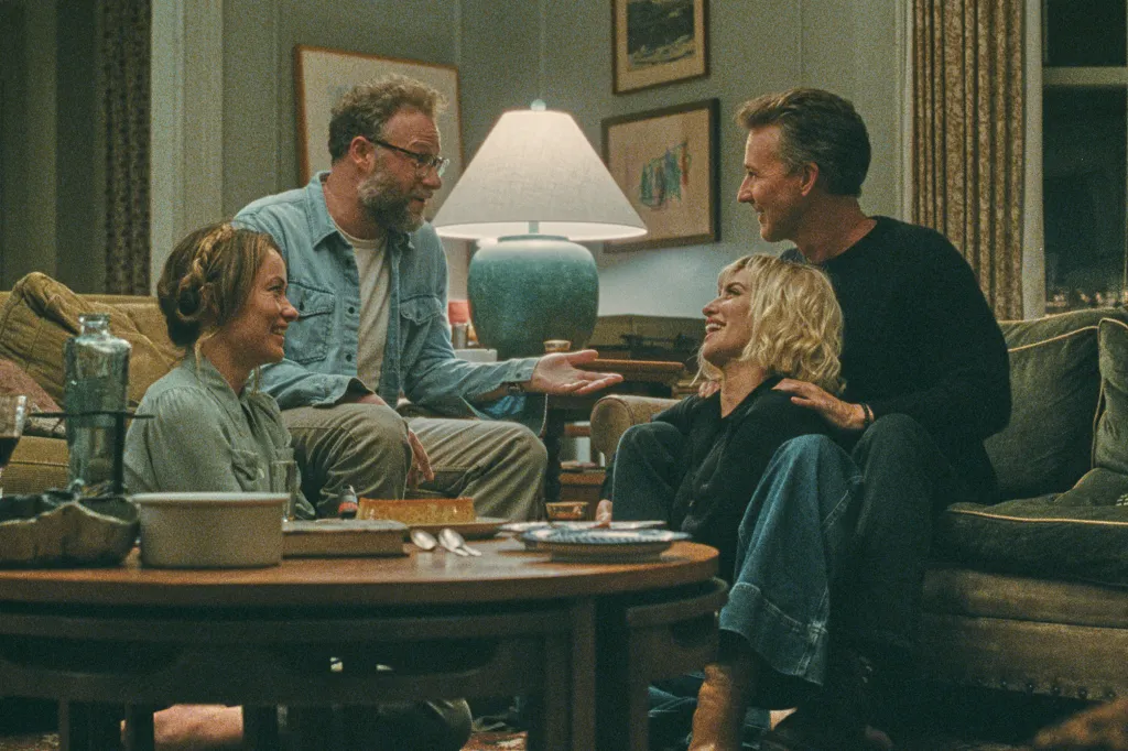 Olivia Wilde, Seth Rogen, Penélope Cruz, and Edward Norton in a scene from 
