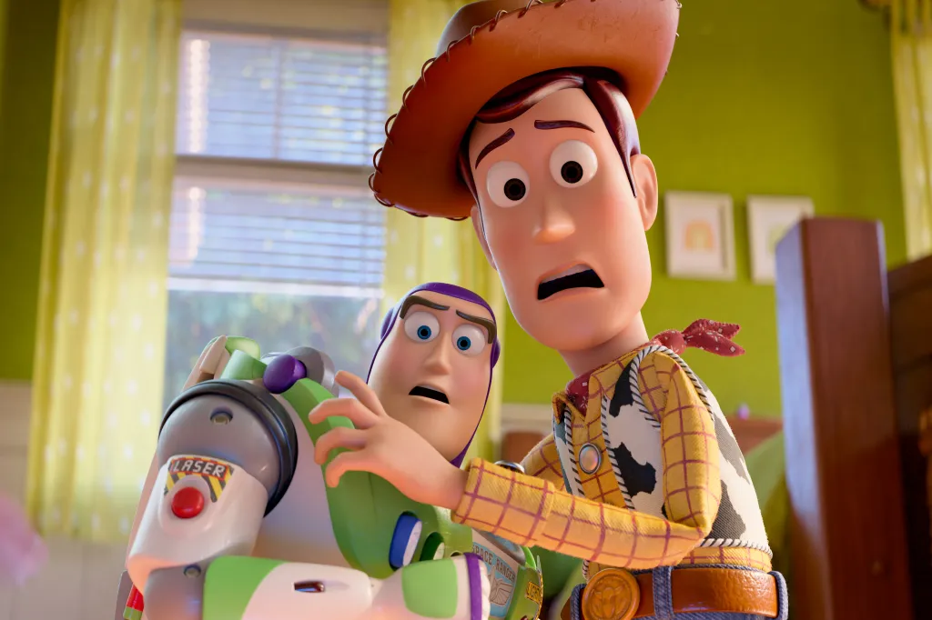 Illustration of Buzz Lightyear and Woody from Toy Story 5 looking scared.