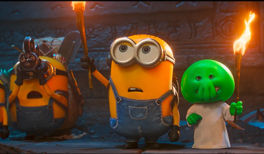 Illustration of two minions, Ed and Henry, standing with the character Goomi from 