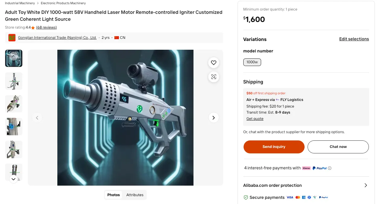 A screenshot of a listing for a 1,000-watt laser rifle on Alibaba.com, available for $1,600 USD.
