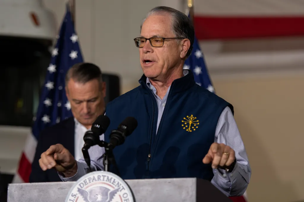 Indiana Gov. Mike Braun speaking at a press conference.
