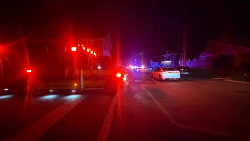 Emergency vehicles with flashing red and blue lights at night.