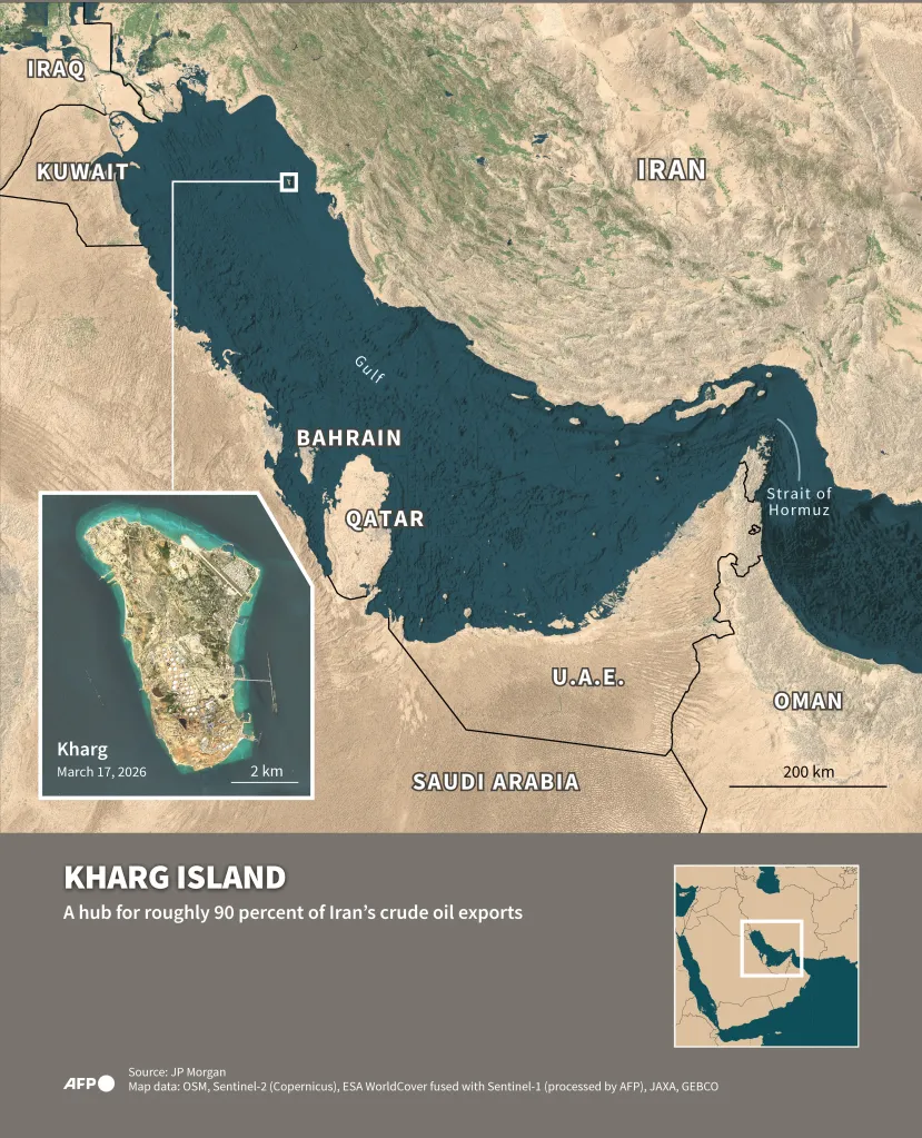 Infographic with satellite images of the Gulf and Strait of Hormuz, and Kharg island.